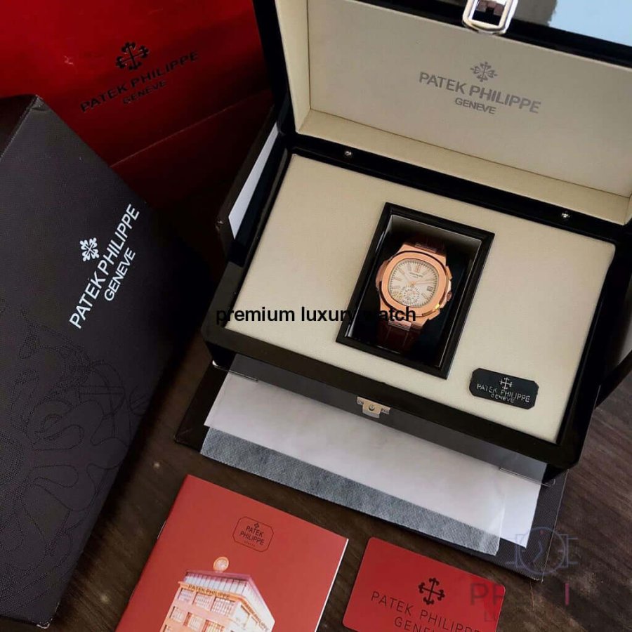 Patek Philippe Rose gold Nautilus Leather Strap & white Dial Men's wrist Watch 5980R-001