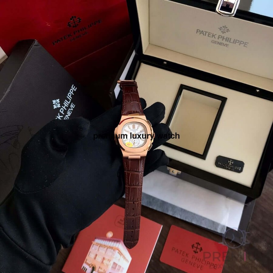 Patek Philippe Rose gold Nautilus Leather Strap & white Dial Men's wrist Watch 5980R-001