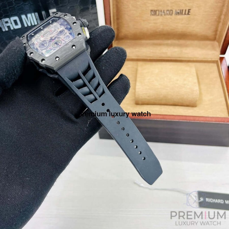 All Black Richard Mille RM011-03 Men Automatic Transparent Dial Stainless Steel Rubber Black Band Men’s Watch