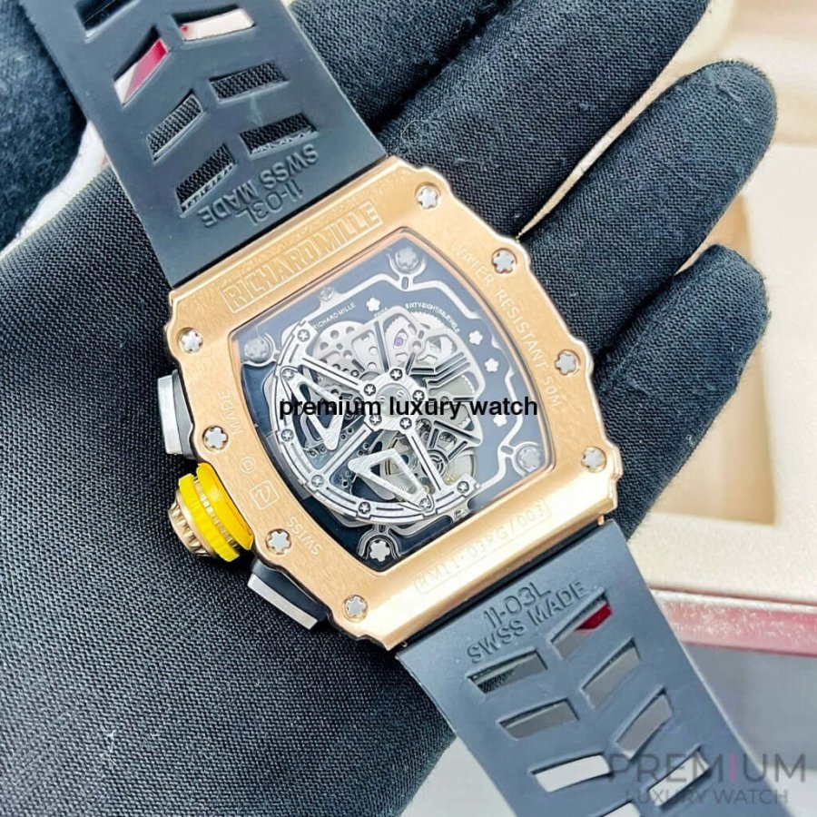 Richard Mille  Rose Gold RM11-03 Men Automatic Transparent Dial Stainless Steel Rubber Black Band Men’s Watch