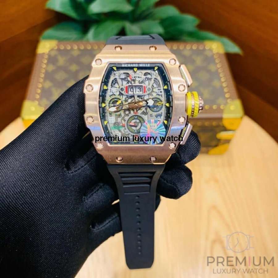 Richard Mille  Rose Gold RM11-03 Men Automatic Transparent Dial Stainless Steel Rubber Black Band Men’s Watch