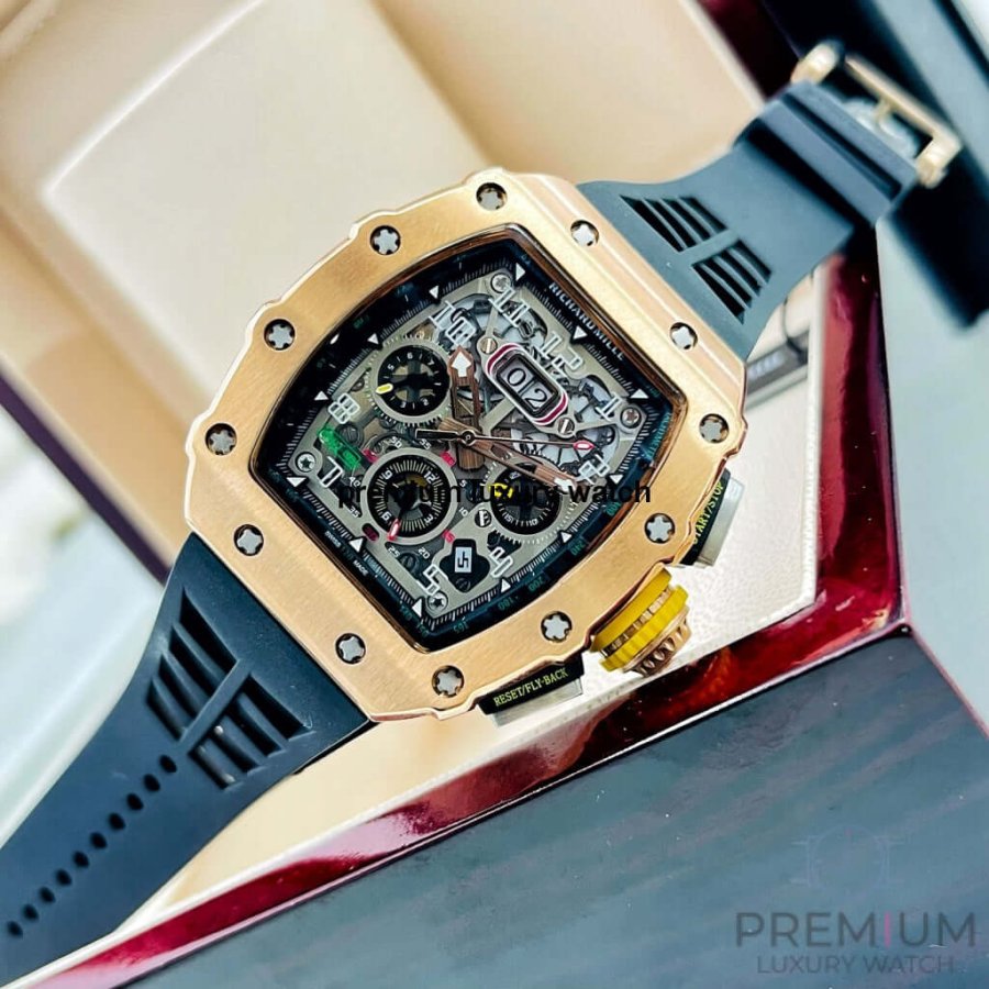 Richard Mille  Rose Gold RM11-03 Men Automatic Transparent Dial Stainless Steel Rubber Black Band Men’s Watch