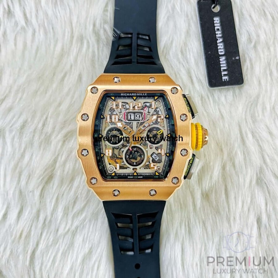 Richard Mille  Rose Gold RM11-03 Men Automatic Transparent Dial Stainless Steel Rubber Black Band Men’s Watch